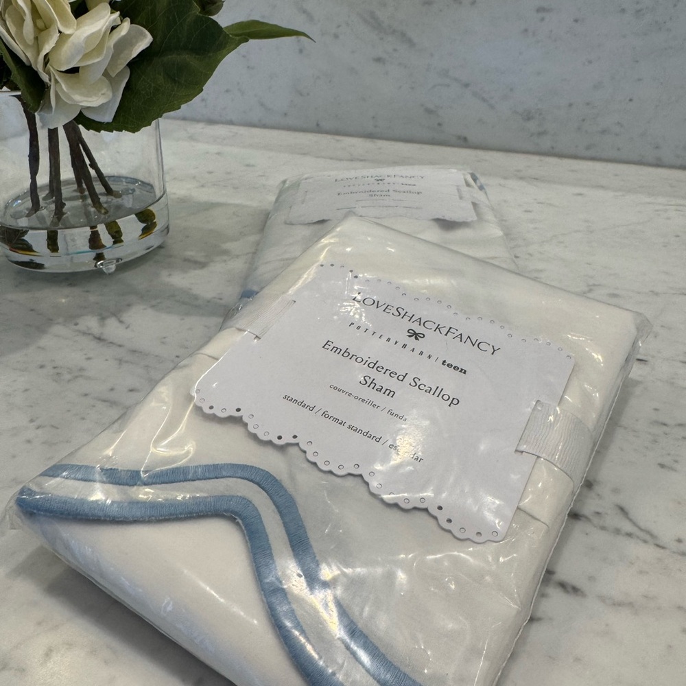 Set of 2 Standard Pottery Barn Teen x LoveShackFancy White Sham Blue Embroidery - Picture 5 of 6